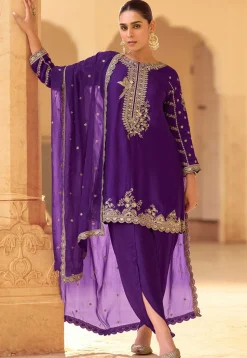 Embroidered Crepe Silk Punjabi Suit in Purple
