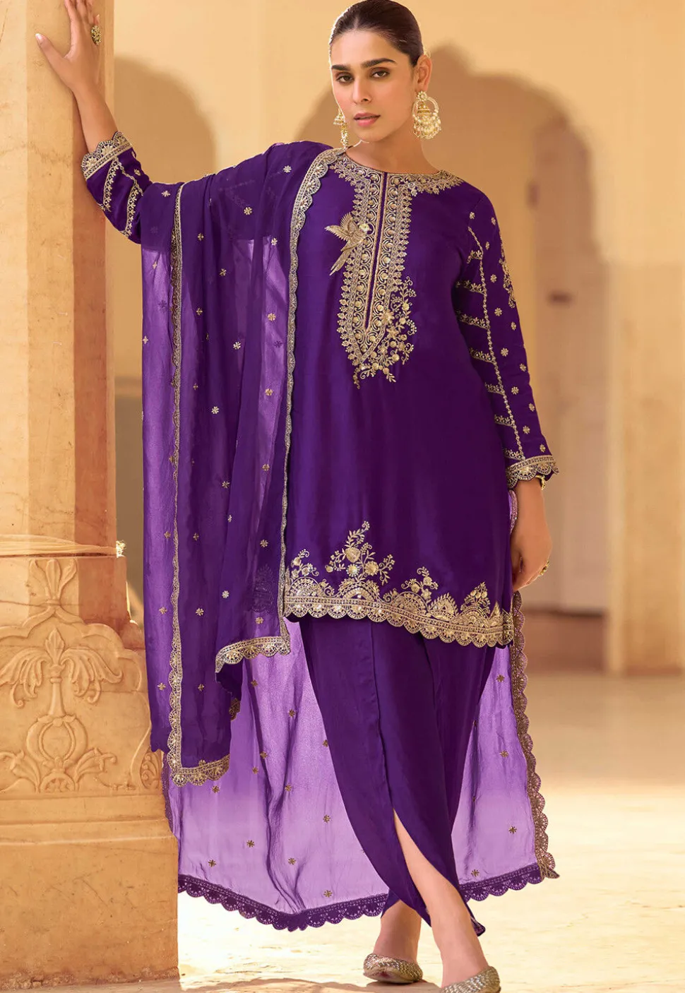 Embroidered Crepe Silk Punjabi Suit in Purple