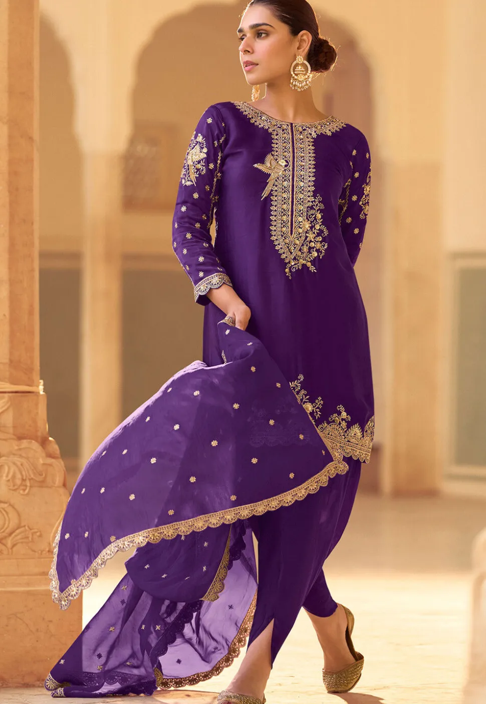 Embroidered Crepe Silk Punjabi Suit in Purple