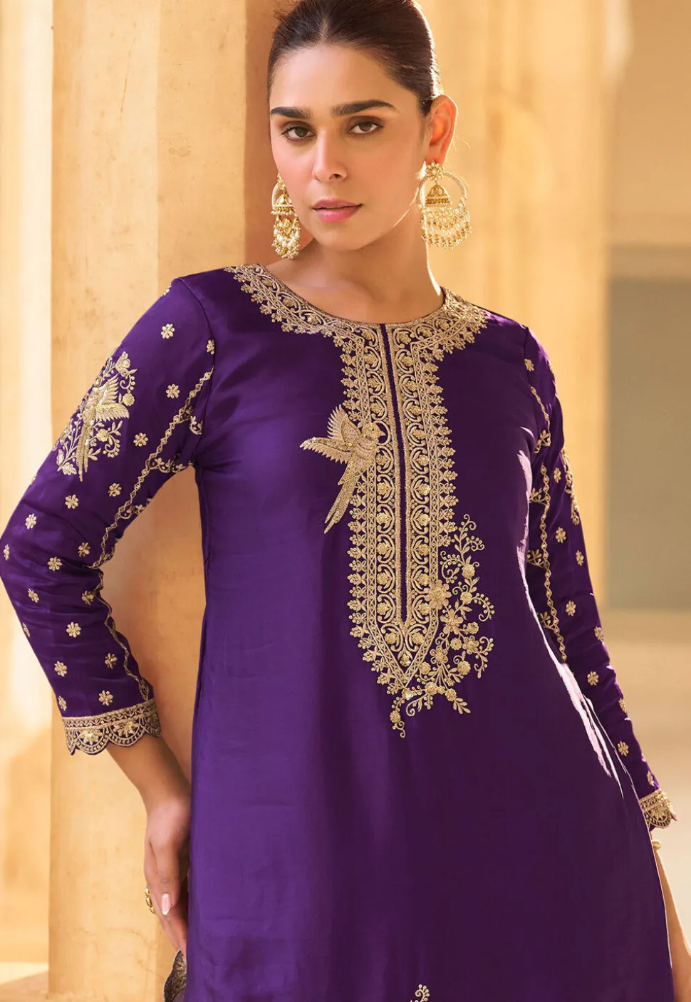 Embroidered Crepe Silk Punjabi Suit in Purple