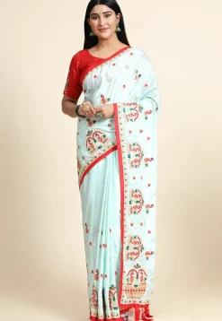 Embroidered Crepe Silk Saree in Sky Blue