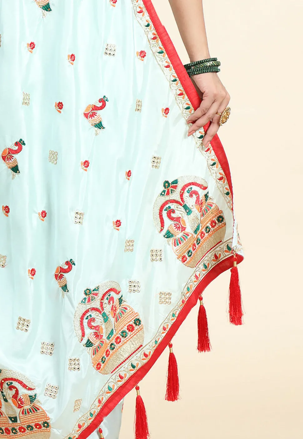 Embroidered Crepe Silk Saree in Sky Blue