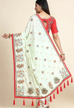 Embroidered Crepe Silk Saree in Off White