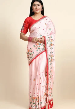 Embroidered Crepe Silk Saree in Light Pink