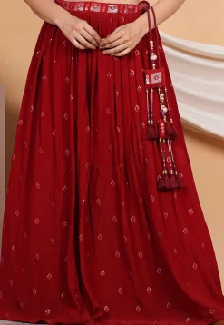 Embroidered Crepe Skirt in Maroon