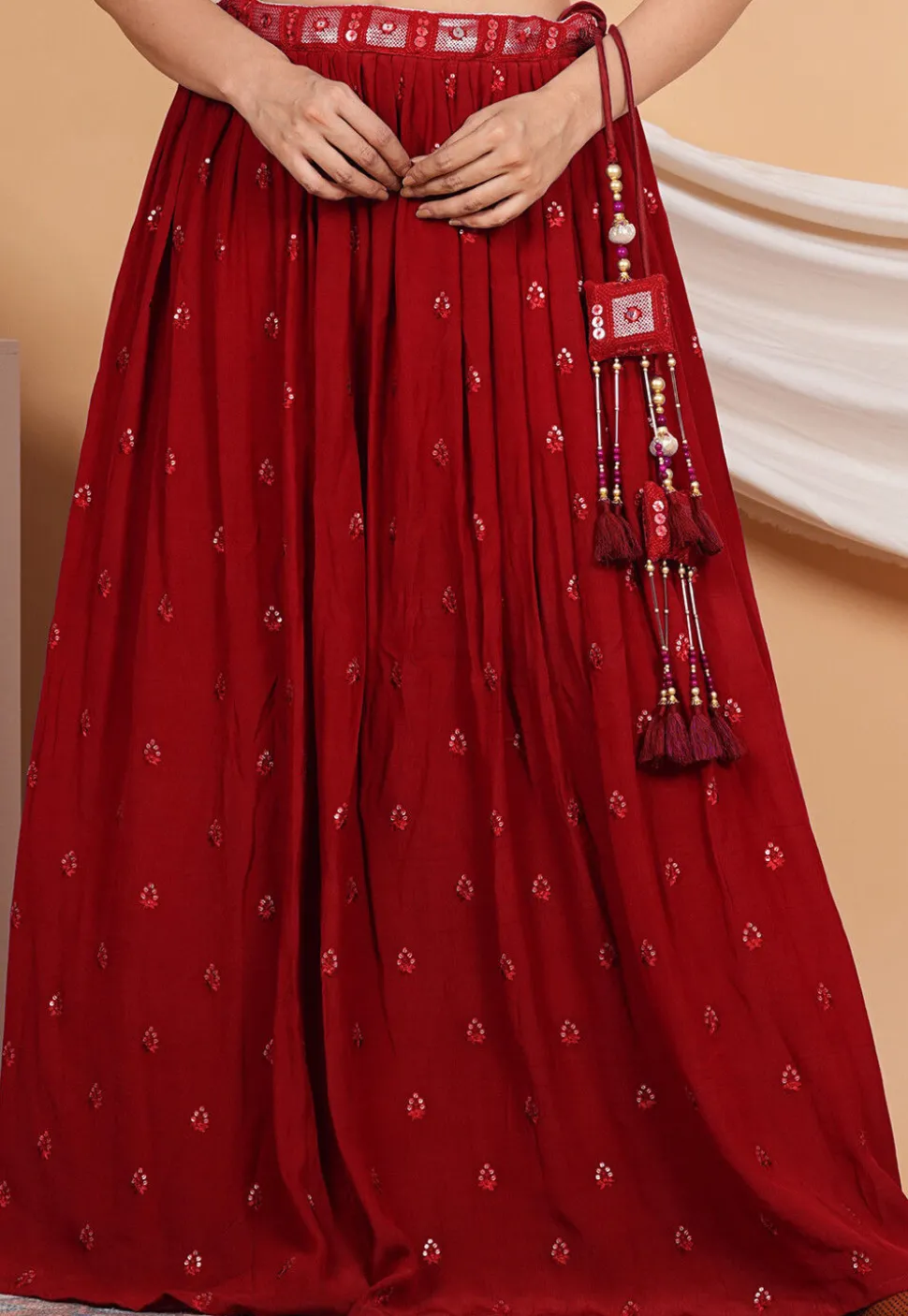 Embroidered Crepe Skirt in Maroon