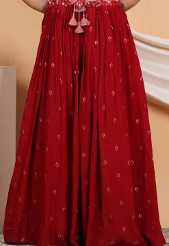 Embroidered Crepe Skirt in Maroon