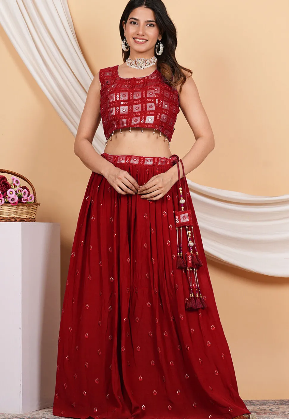 Embroidered Crepe Skirt in Maroon