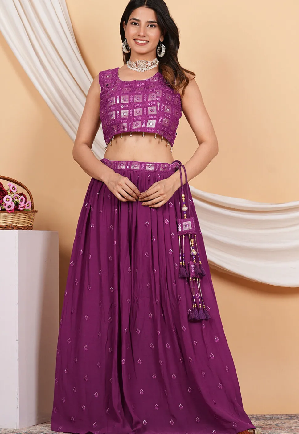 Embroidered Crepe Skirt in Purple