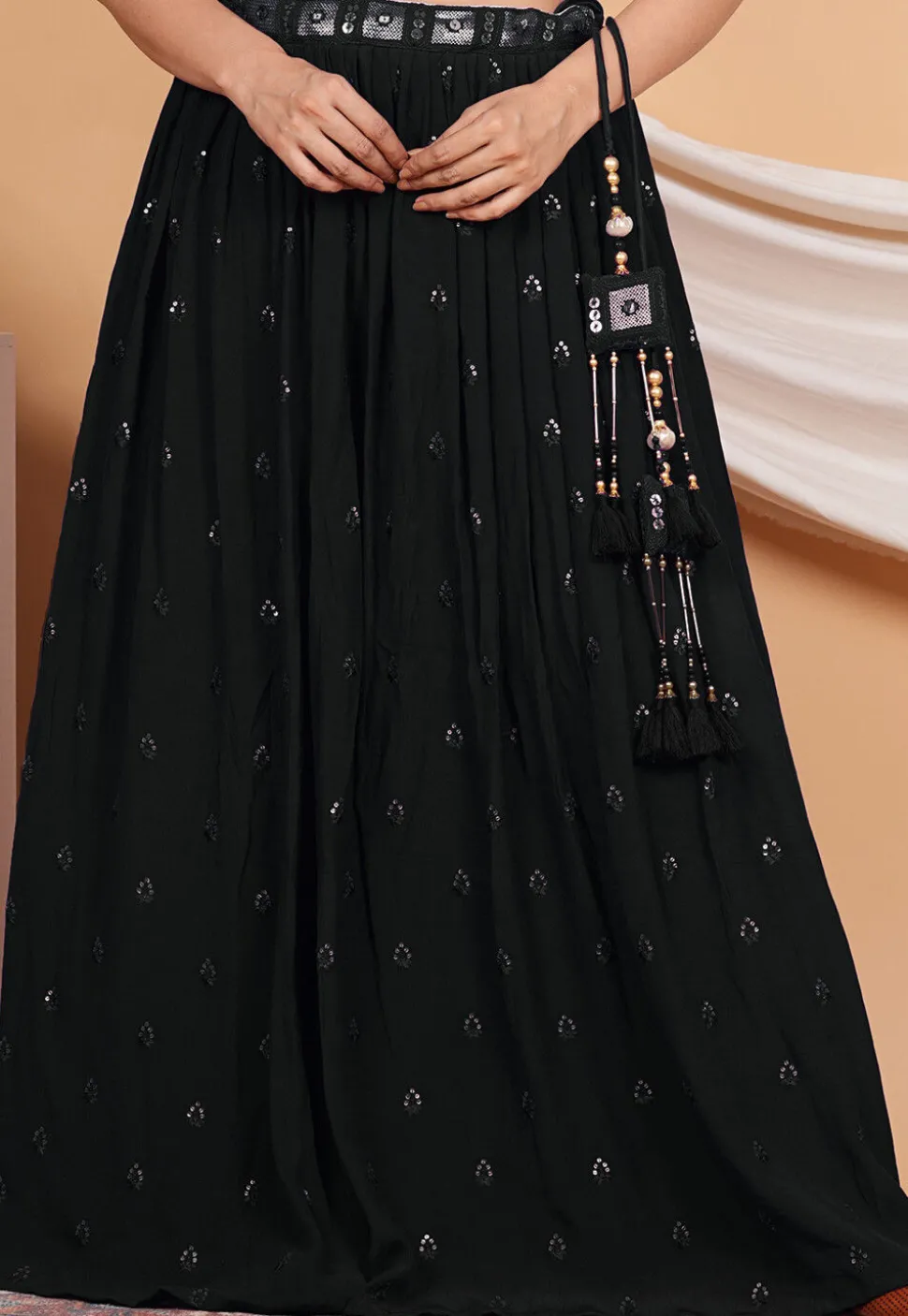 Embroidered Crepe Skirt in Black