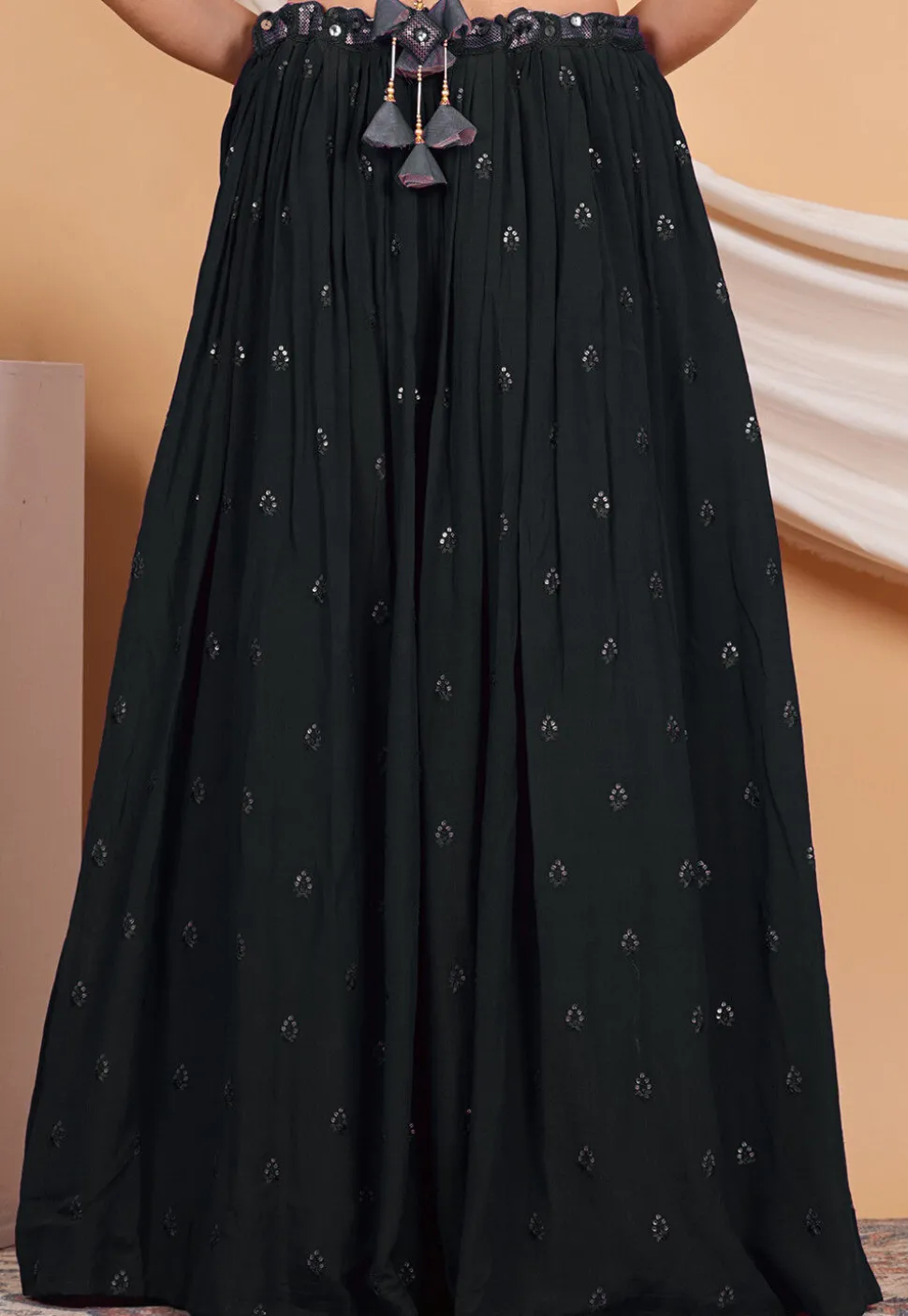 Embroidered Crepe Skirt in Black