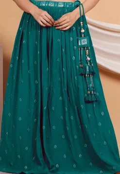 Embroidered Crepe Skirt in Teal Green