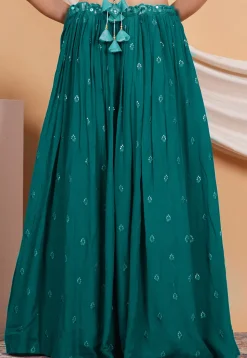 Embroidered Crepe Skirt in Teal Green