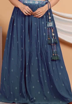 Embroidered Crepe Skirt in Teal Blue