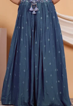 Embroidered Crepe Skirt in Teal Blue