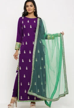 Embroidered Crepe Straight Suit in Purple