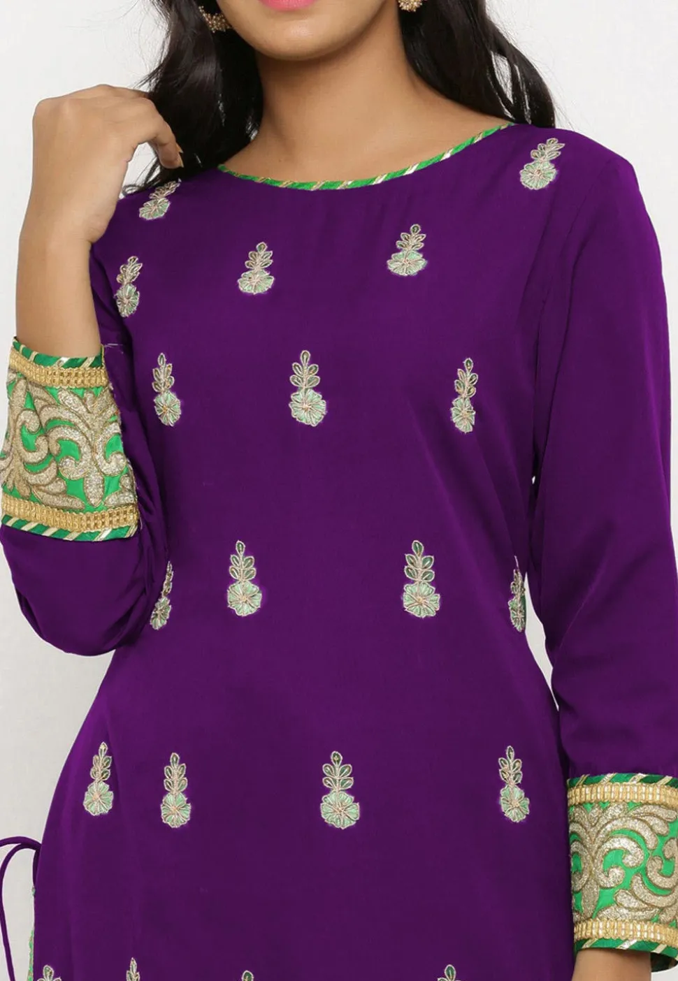 Embroidered Crepe Straight Suit in Purple