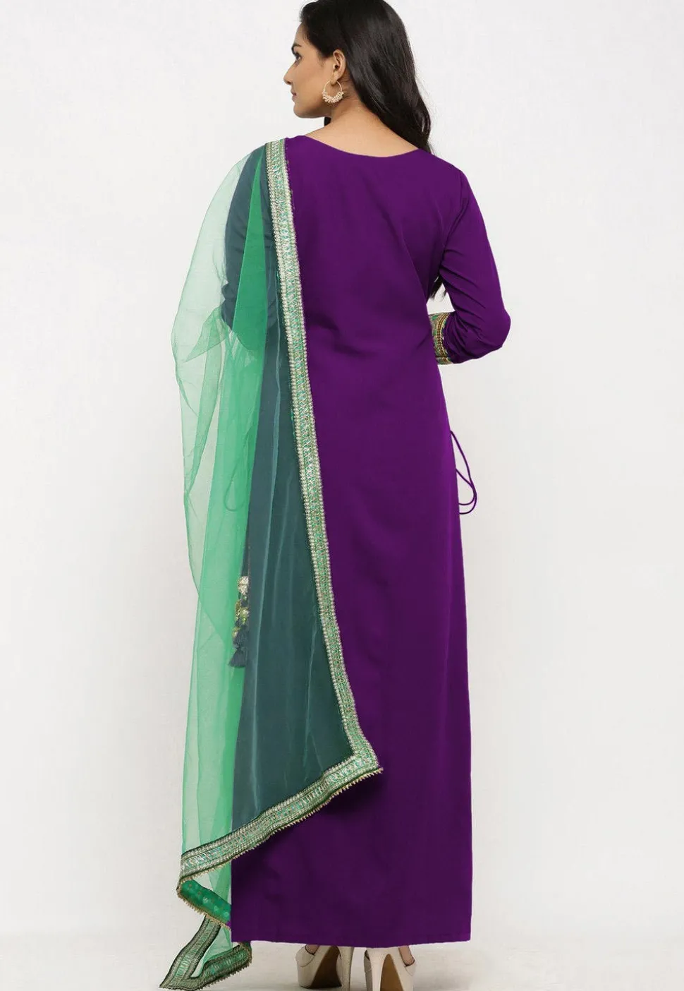 Embroidered Crepe Straight Suit in Purple