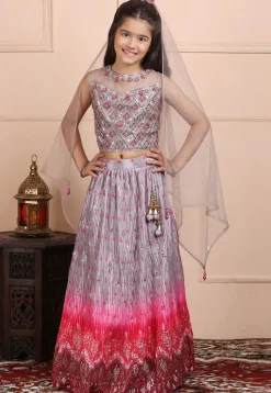 Embroidered Crush Chinon Crepe Lehenga in Light Purple