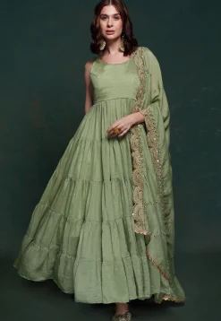 Embroidered Dupatta Art Silk Tiered Abaya Style Suit in Dusty Green