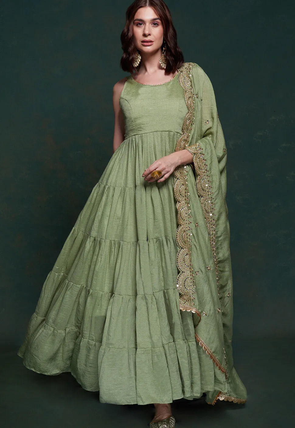 Embroidered Dupatta Art Silk Tiered Abaya Style Suit in Dusty Green