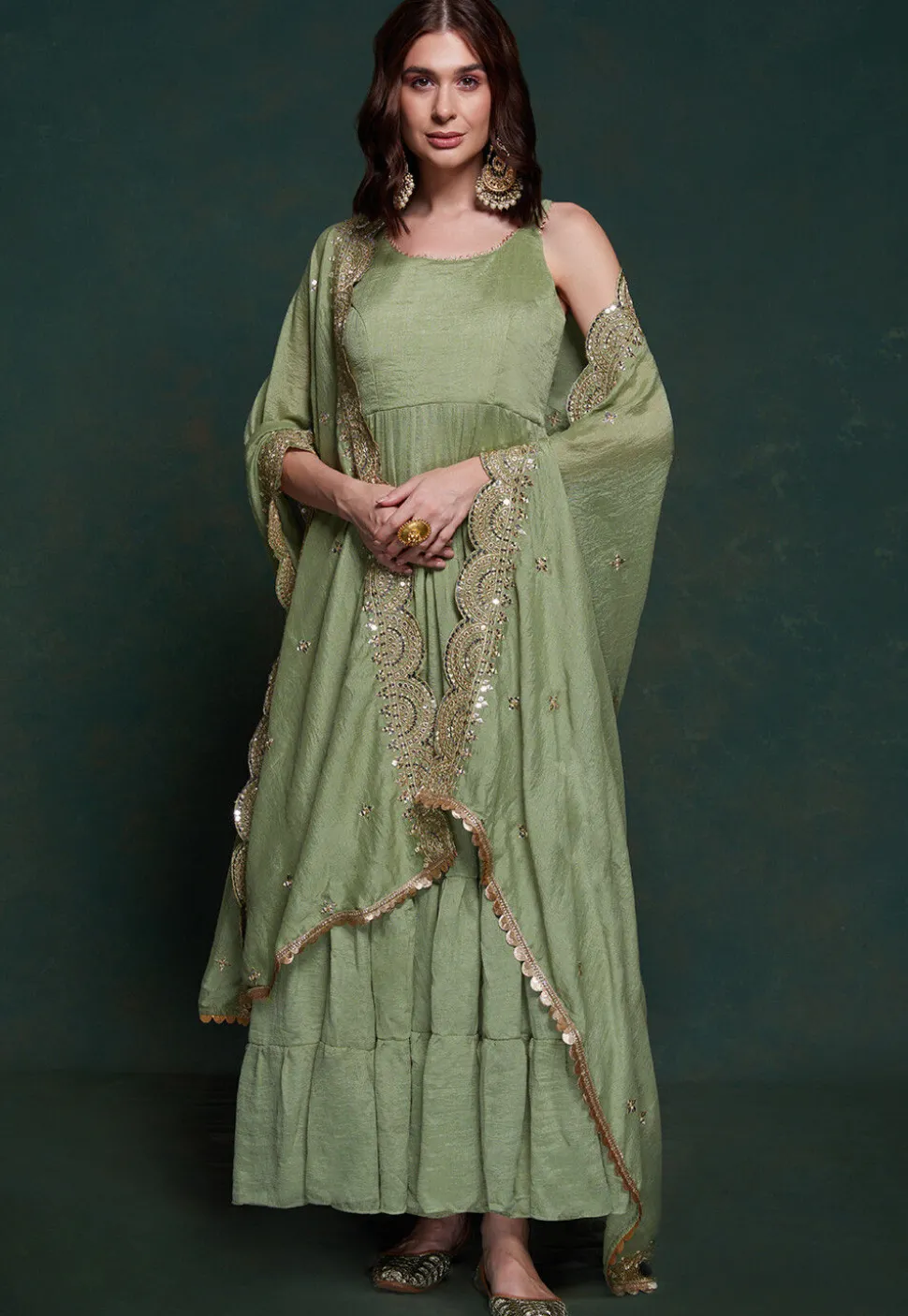 Embroidered Dupatta Art Silk Tiered Abaya Style Suit in Dusty Green