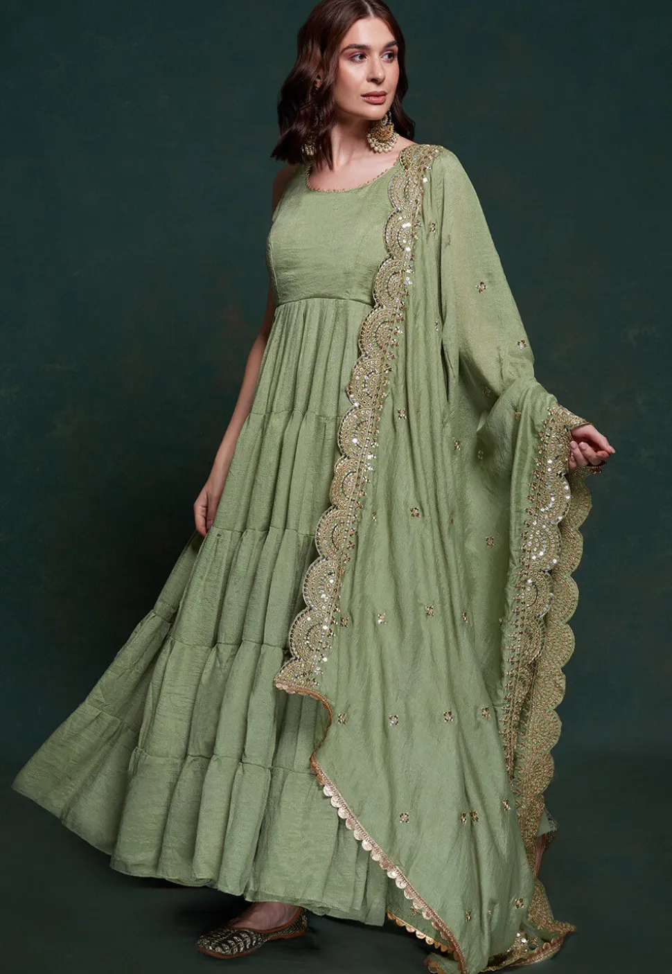 Embroidered Dupatta Art Silk Tiered Abaya Style Suit in Dusty Green