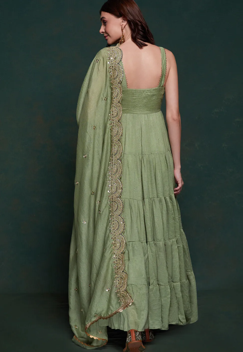 Embroidered Dupatta Art Silk Tiered Abaya Style Suit in Dusty Green