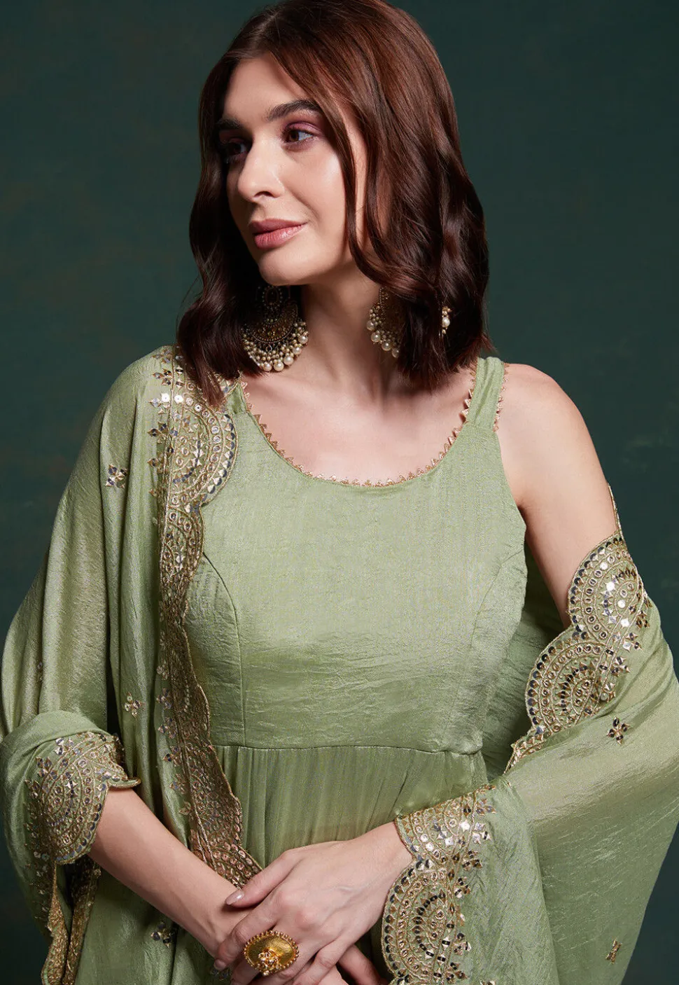 Embroidered Dupatta Art Silk Tiered Abaya Style Suit in Dusty Green