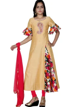 Embroidered Dupion Silk A Line Frill Suit in Beige