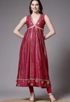 Embroidered Dupion Silk Anarkali Suit in Red