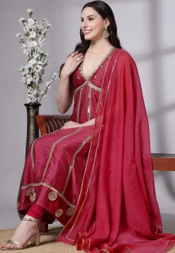 Embroidered Dupion Silk Anarkali Suit in Red
