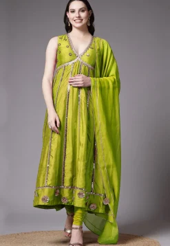 Embroidered Dupion Silk Anarkali Suit in Olive Green