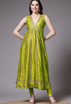 Embroidered Dupion Silk Anarkali Suit in Olive Green