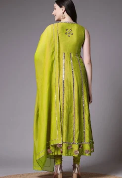 Embroidered Dupion Silk Anarkali Suit in Olive Green