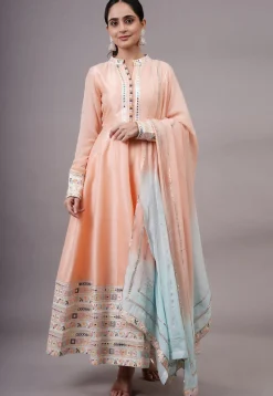 Embroidered Dupion Silk Abaya Style Suit in Peach