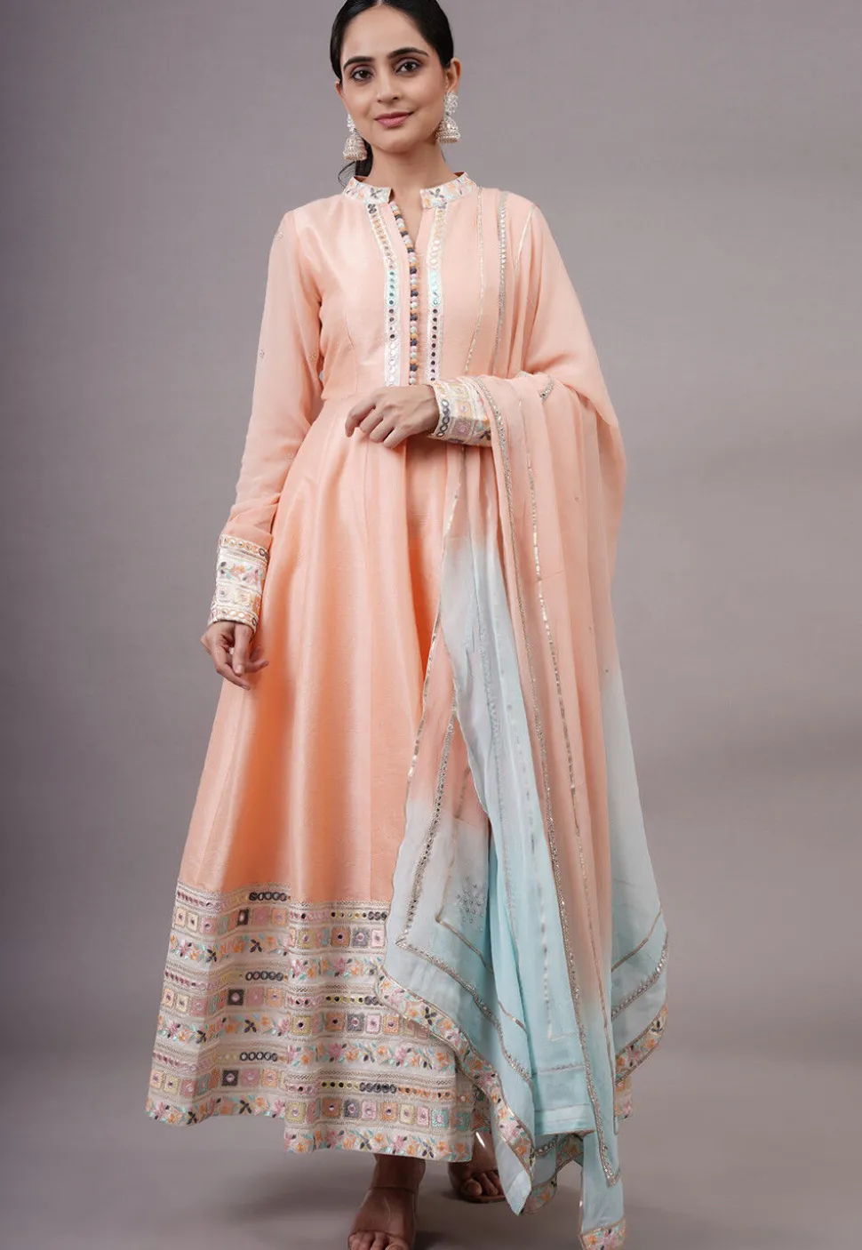 Embroidered Dupion Silk Abaya Style Suit in Peach