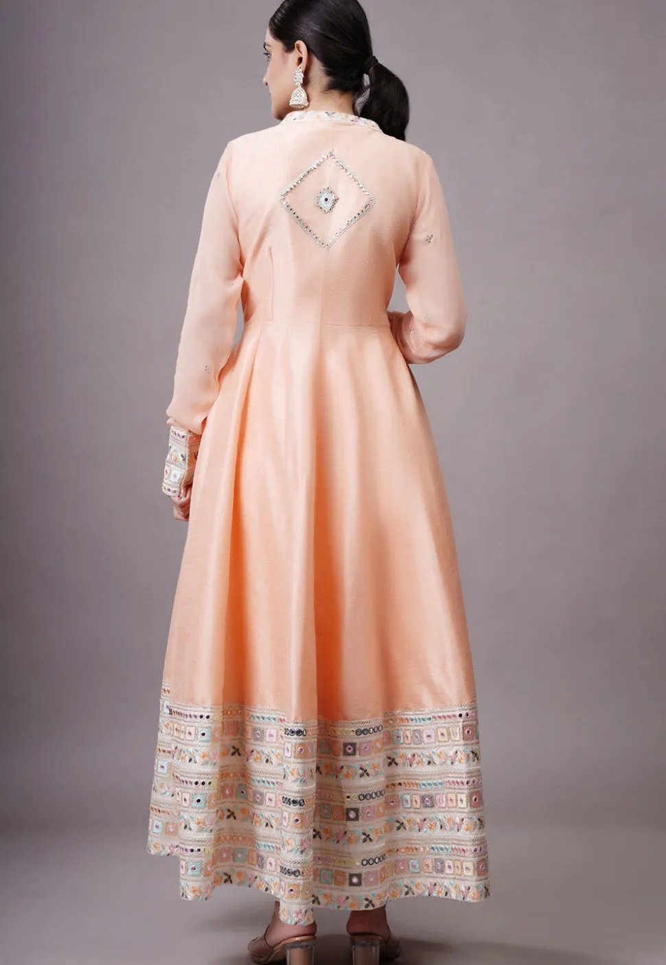Embroidered Dupion Silk Abaya Style Suit in Peach