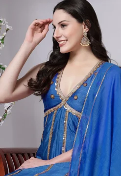 Embroidered Dupion Silk Anarkali Suit in Blue