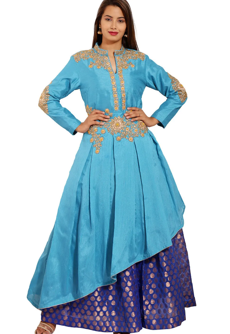 Embroidered Dupion Silk Asymmetric Kurta Set in Light Blue