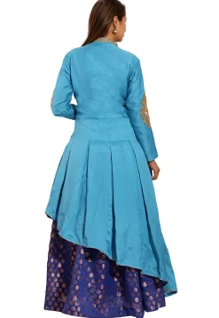 Embroidered Dupion Silk Asymmetric Kurta Set in Light Blue