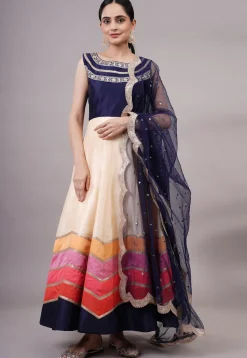 Embroidered Dupion Silk Abaya Style Suit in Off White and Multicolor