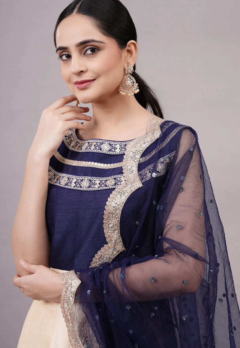 Embroidered Dupion Silk Abaya Style Suit in Off White and Multicolor