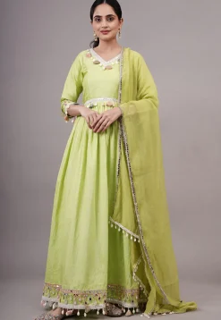 Embroidered Dupion Silk Abaya Style Suit in Olive green