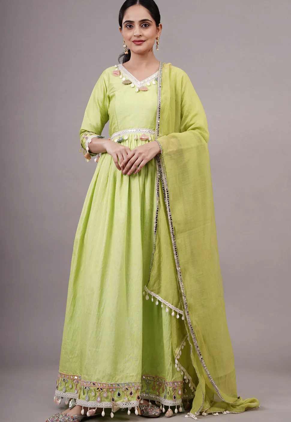 Embroidered Dupion Silk Abaya Style Suit in Olive green