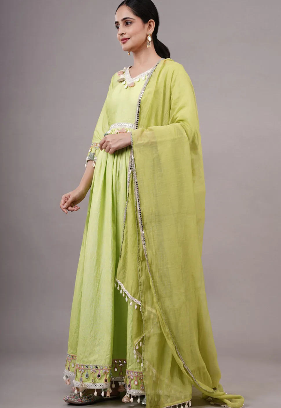 Embroidered Dupion Silk Abaya Style Suit in Olive green