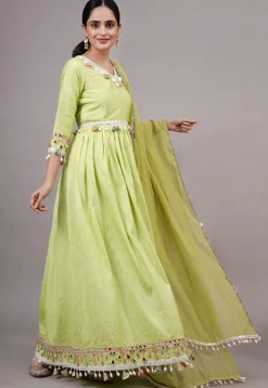 Embroidered Dupion Silk Abaya Style Suit in Olive green
