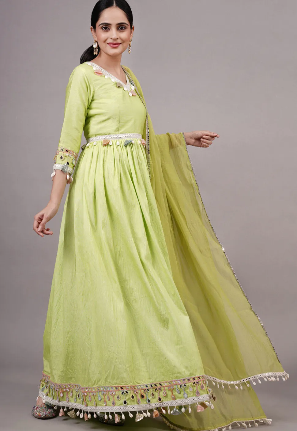 Embroidered Dupion Silk Abaya Style Suit in Olive green