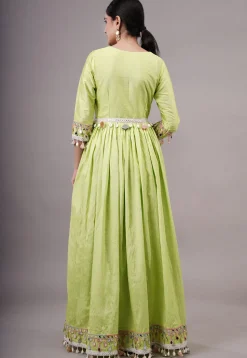 Embroidered Dupion Silk Abaya Style Suit in Olive green