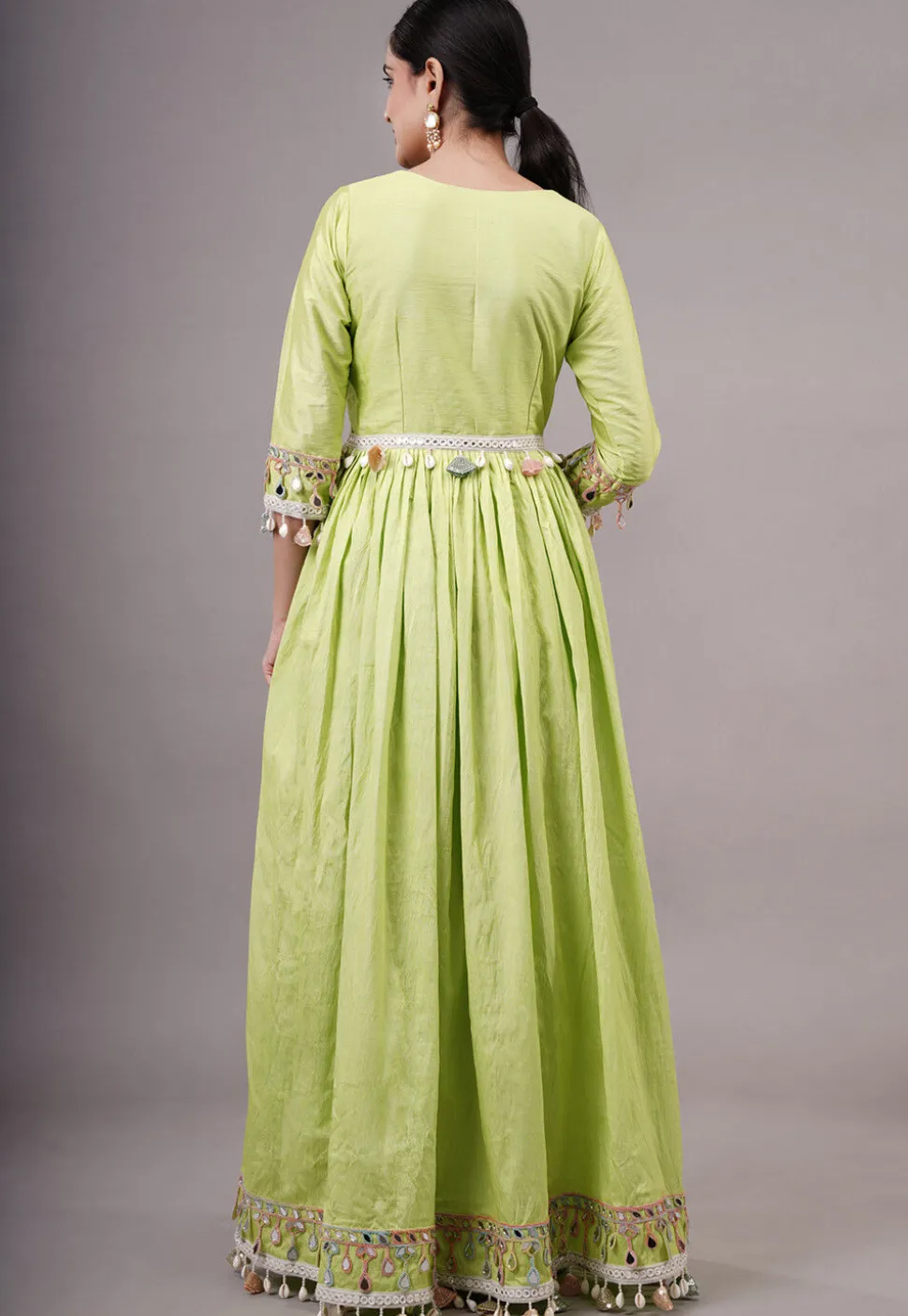 Embroidered Dupion Silk Abaya Style Suit in Olive green